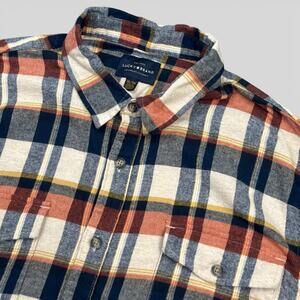 Lucky Brand Flannel Shirt Mens Size XL Orange Blue Plaid Long Sleeve Casual